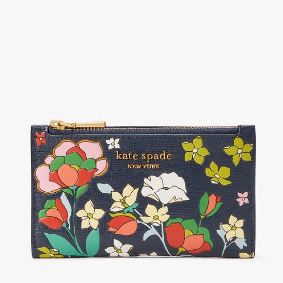 KATE SPADE Navy Pink Embossed Floral Garden Flower Bed Small Slim Bifold Wallet - Picture 16 of 16